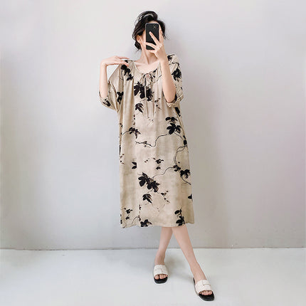 2026 New Cotton Silk Nightgown for Women, High-End Printed Short-Sleeved Long Dress, Large Size, Thin Style, Can Be Worn Outside as Loungewear