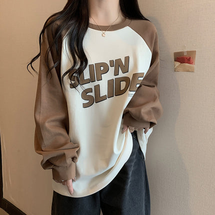 Autumn and Winter thickened brushed contrast color raglan sleeve letter printed T-shirt women's lazy loose large casual round neck sweater