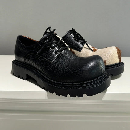 Horse hair derby shoes men and women with milk mandarin duck small leather shoes lace-up thick heel thick-soled soft leather shoes casual shoes tide