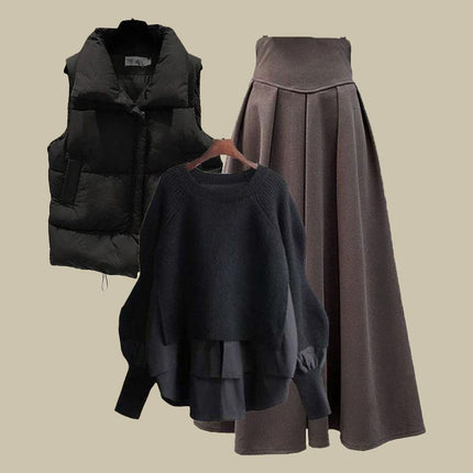 Autumn and Winter Outfits for Women 2025 New Large Size Loose Fake Two-Piece Sweater Versatile Vest Slimming Look Skirt Three-Piece Set