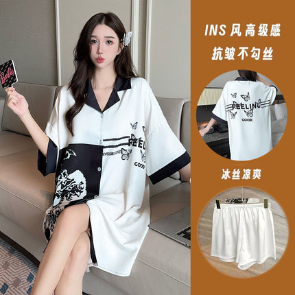 Summer New Style Fashionable Pure Lust Sexy Ice Silk Shirt Pajamas Loose High-End Home Wear Suit for Women