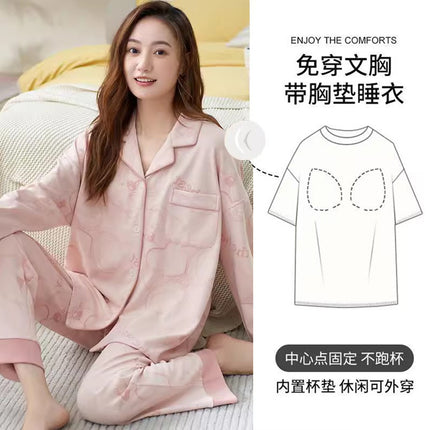 Women's pajamas with chest pad Spring and Autumn long-sleeved cotton wear-free bra anti-bump outerwear homewear suit wholesale