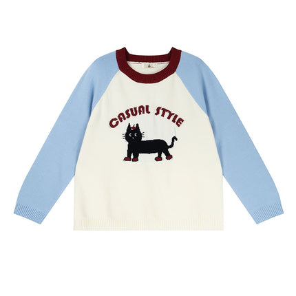 Shuangtian 2025 New Autum Plus Size Women's Knitwear Fat Girl Cartoon Cat Contrast Color Knitwear F561