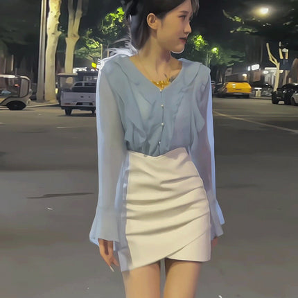 French Style V Neck Ruffled Simple Long-Sleeved Shirt for Women, Spring & Fall Style, High-End, Sweet and Slightly See-Through Chiffon Top