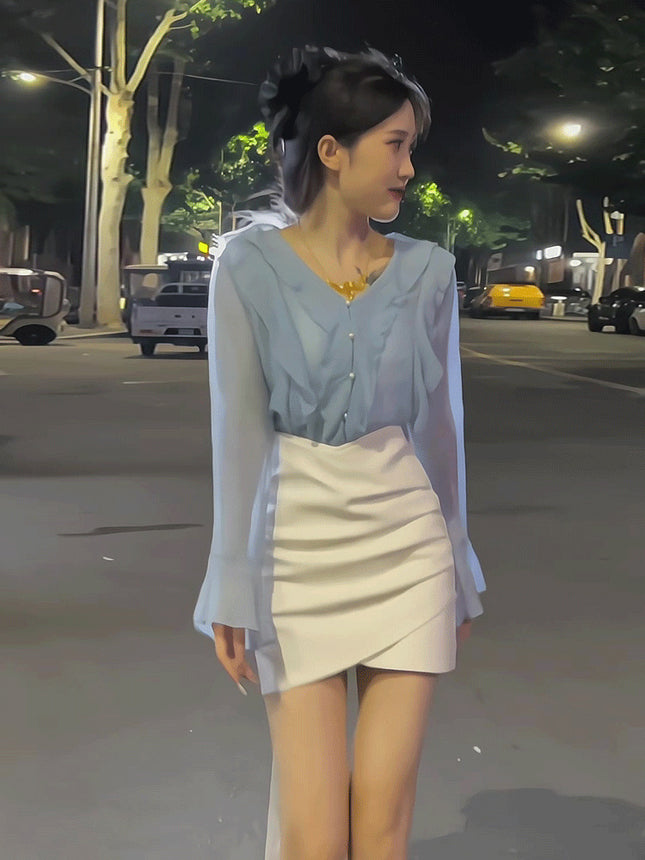 French Style V Neck Ruffled Simple Long-Sleeved Shirt for Women, Spring & Fall Style, High-End, Sweet and Slightly See-Through Chiffon Top