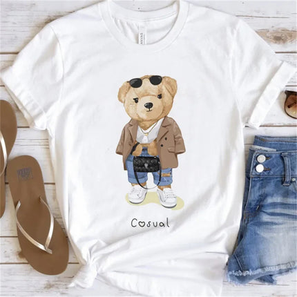 Women's Cute Bear Graphic T-shirt Short-Sleeved Clothes Women's Print T-shirt Summer 90s Fashion Style Women's Fashion T-shirt