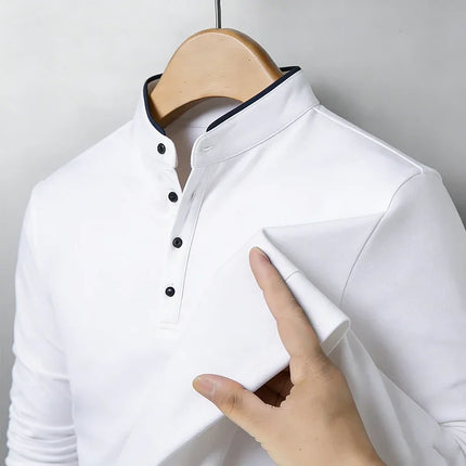 Fashion Men's Contrast Trim Mandarin Collar Polo Shirt Long Sleeve Breathable Casual Daily Wear Top