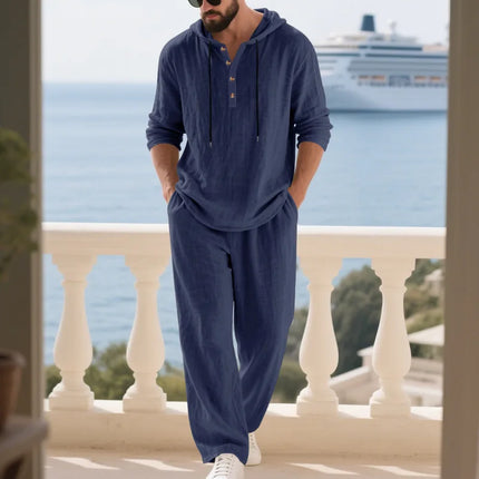Men's Cotton Linen Casual Set 2 Pieces Spring Summer Loose Fit Hooded Shirt & Pants Set Breathable Vacation 2 Piece Set for Man