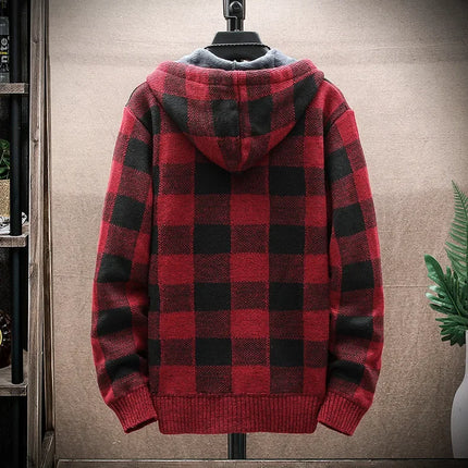 2023 Autumn/winter Fleece-lined Trendy Color Block Versatile Hooded Men's Cardigan Youth Outerwear Knitted Top For Men