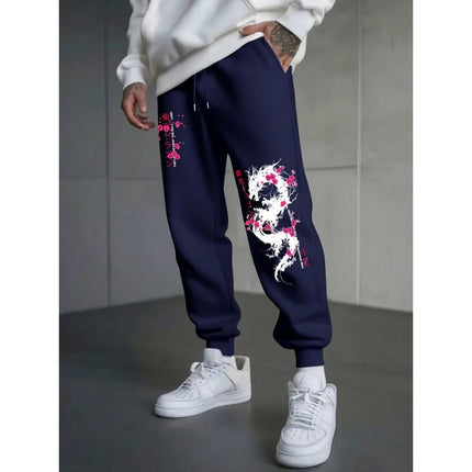 Japanese-Style Dragon And Cherry Blossom Print Autumn And Winter Men'S Fleece-Lined Casual Pants