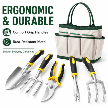 6PCS Garden Hand Tool Set with Storage Bag, Trowel Rake Fork Weeder Pruning Shears Kit for Planting Weeding Transplanting