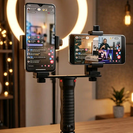 Dual Phone Holder Mount Stand for Live Streaming Video Recording Adjustable Handheld Gimbal Stabilizer with Tripod for TikTok Vl