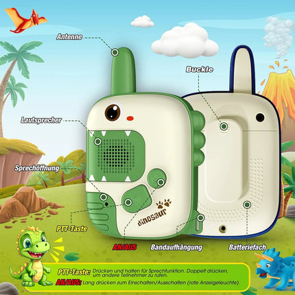 Kids Walkie Talkies 2 Pack, Cute Dinosaur Design Long Distance Transmission, Portable 2 Way Radio Toy for Outdoor Camping Hiking