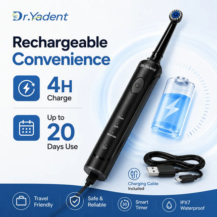 Dr.Yadent Rotating Electric Toothbrush IPX7 Waterproof 3 Modes 4 Toothbrush Head Rechargeable Battery for Adult Deeper Cleaning