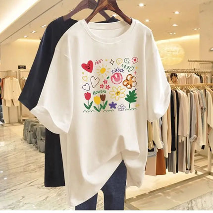 Women Clothing Chic Hand-painted Printing Basic T-shirt Summer Fashion Pure Cotton Round Neck Short Sleeve Tees Casual Loose Top