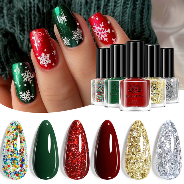 BORN PRETTY 6PC 6ml Red Green Glitter Nail Polish Set Christmas Carnival Gold Silver Quick Dry Manicure DIY Home Salon Nail Kit