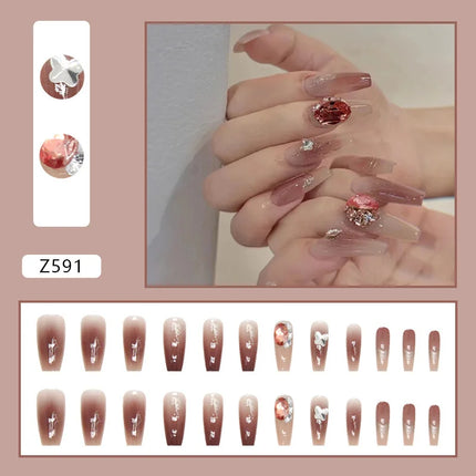 Sparkling Diamond 24 Pcs Press on Nails Pink Nail polish Glossy Artificial Finger Manicure Reusable False Nails