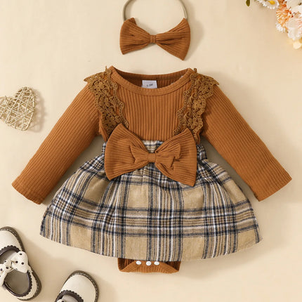 Baby Gilrs Long Sleeve Autumn/Winter Plaid With Bow Honey Jumpsuit For Newborn-18M Vacation Wear +Headband