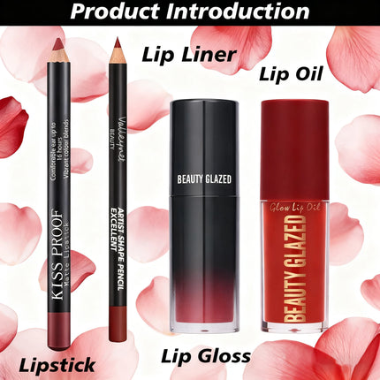 4Pcs/Set Velvet Lip Combo Set Matte Lip Liner Lipstick Lip Oil Nude Lip Gloss Long-lasting Waterproof Lip Look Lip Makeup