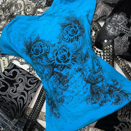 Women's Y2k Grunge T-Shirts 2000s Vintage Rhinestone Print Heart Rose T-Shirt Aesthetics Harajuku Round Neck Tops street fashion