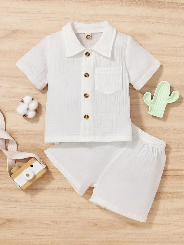 Cotton White Summer Lapel Short-Sleeved Shorts Skin-Friendly Comfortable Loose Suitable for Outdoor Sports Outing Suit