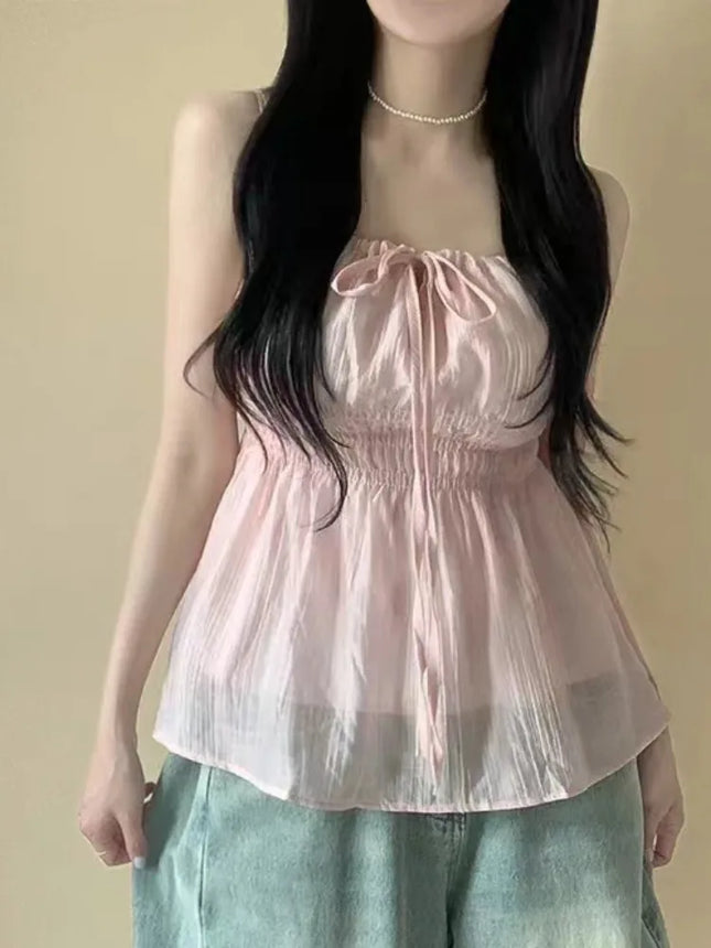 Sexy Summer Design Dstring Strap Folded Waist Slimming Women's Casual Sexy Vest Top with Belt Polyester Fiber Thin Model