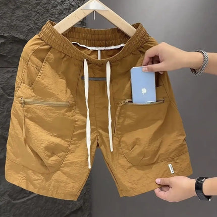 Summer Thin Style Men Pocket Work Clothes Handsome High Street All-match Loose Quick Drying Motion Casual Solid Color Shorts