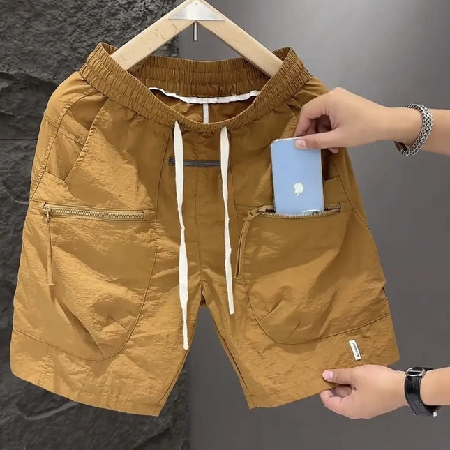 Summer Thin Style Men Pocket Work Clothes Handsome High Street All-match Loose Quick Drying Motion Casual Solid Color Shorts