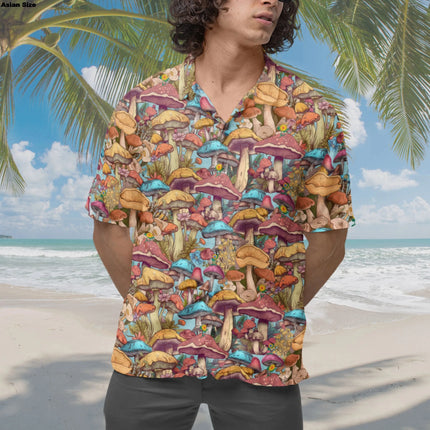 Cartoon Mushroom Hawaiian Shirt For Men Women Tops, Trippy Funny Psychedelic Aesthetic Shirts, Mushroom Button-Up Short Sleeve