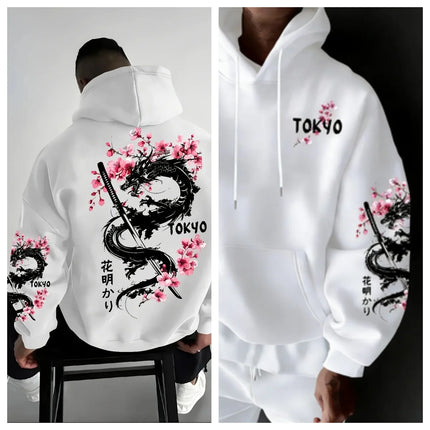 Trendy men's anime dragon and cherry blossom print hooded sweatshirt for casual street comfort, inspired design hoodie