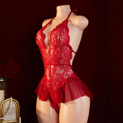 Sexy Crotchless Lingerie Women Lace Hollow Bodysuit Pajamas Teddy Babydolls Deep V Open Bra Porn Underwear Dress Erotic Costumes