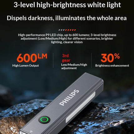 Philips New Flashlight 600LM Supports 3 Type Dimming UV light, Red Laser, 365nm Purple Light, COB,Magnetic Function with a Clip