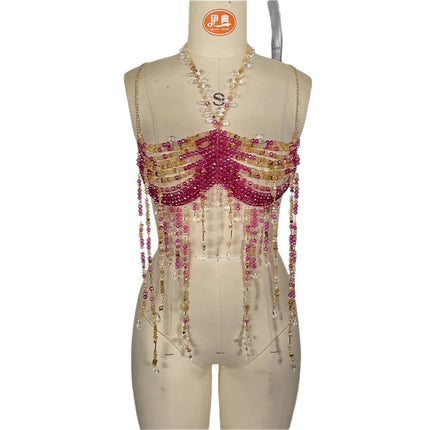 Women's Beading Vest Hollow Out Tops Body Beachwear Lingerie Harness Beaded Bralette Neck Bra Bustier Bra Women Club Rave