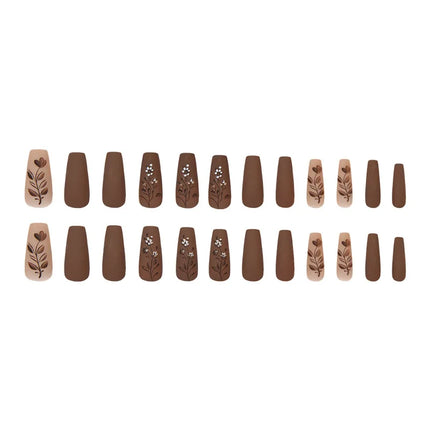 Dark Brown Flowers 24 Pcs Press-on Nails Pink Nail Polish Glossy Artificial Finger Manicure Reusable False Nails