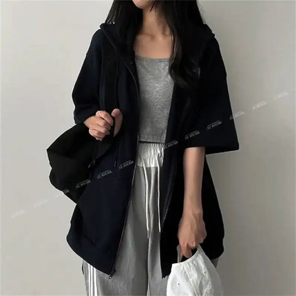 Women's Half Sleeve Zip Up Hoodie Loose Fit Casual Oversized Hooded Sweatshirt with Pockets