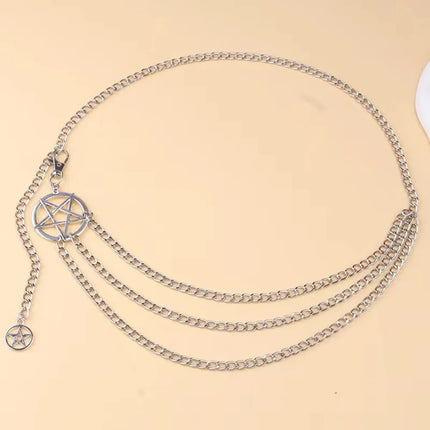 Vintage Alloy Women's Belt Belly Chain Fashion Versatile Design Punk Retro Waist Chain with Double Star Pendant Metal Chains