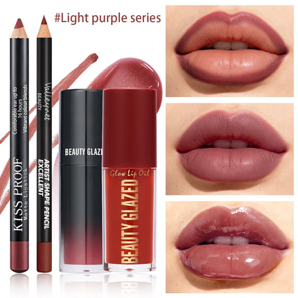 4Pcs/Set Velvet Lip Combo Set Matte Lip Liner Lipstick Lip Oil Nude Lip Gloss Long-lasting Waterproof Lip Look Lip Makeup
