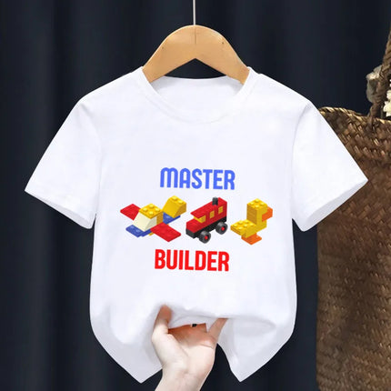 Master Builder Blocks Building Print Cartoon Kids T shirt Girls Summer Tops Baby Boys Clothes Children Short Sleeve T-shirts