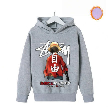 One Piece Fleece Clothing Kids Cute Cartoon Thick Hoodie Luffy Anime Hoodies Fashion Clothes Sweatshirt Boys Girls Outfits Gifts