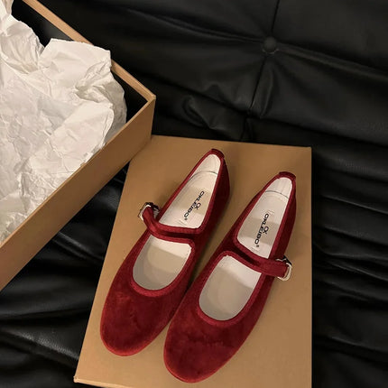 Vintage Flat Velvet Korean Style Mary's Single Shoes Women's 2024 New Spring Autumn Winter Red Warm Evening Shoes