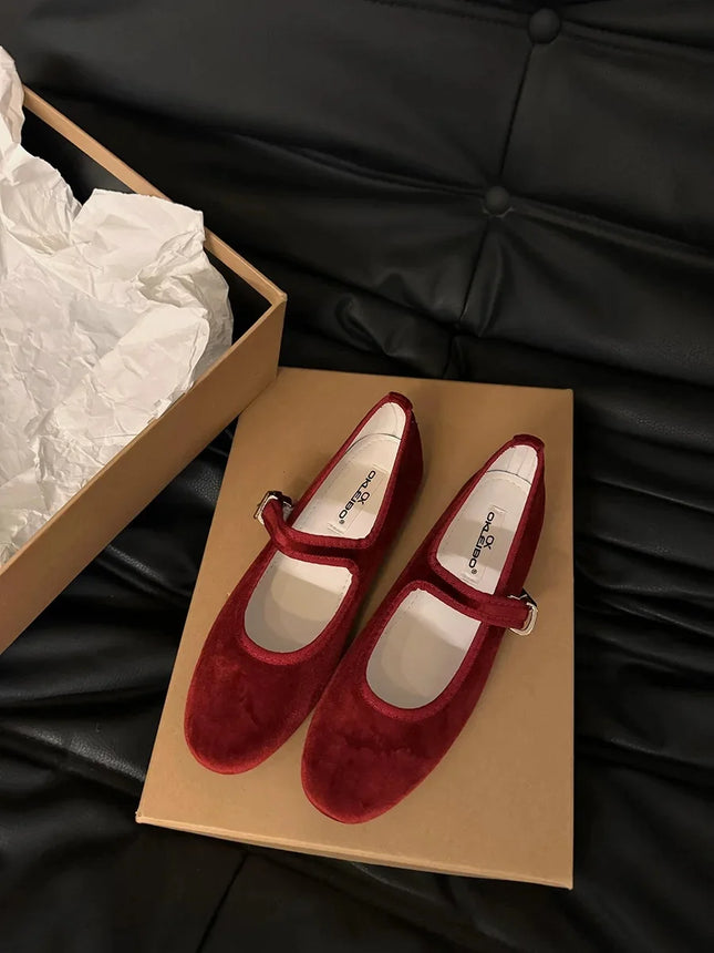 Vintage Flat Velvet Korean Style Mary's Single Shoes Women's 2024 New Spring Autumn Winter Red Warm Evening Shoes