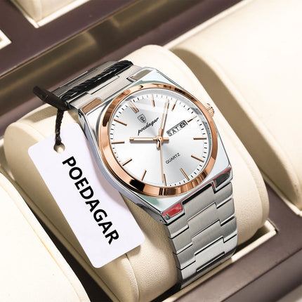 POEDAGAR Luxury Men's Quartz Wristwatch Waterproof Luminous Date Week Man Watch Stainless Steel Business Fashion Watches For Men
