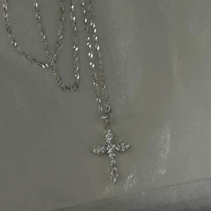 Silver Color Zircon Cross Pendant Necklace for Women Shiny Rhinestone Collar Necklaces 2025 Trend Christmas Jewelry