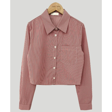 Spring High Waist Slim Fit Striped Shirt Women's Button up Polo Collar Cotton Polyester Blend Fashionable Korean Style