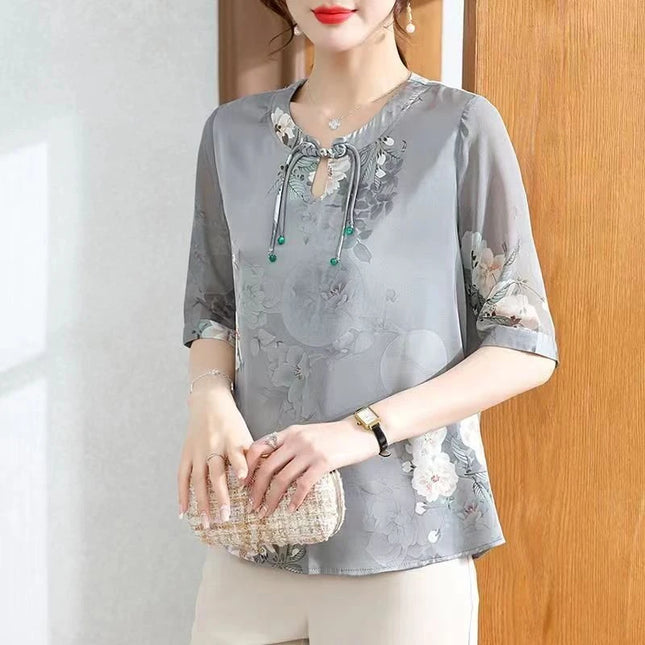 Women Button Summer Short Sleeved Silk Blouse Women's Elegant Loose Top Flower Retro Print New T-shirt Plus Size Shirt Tops