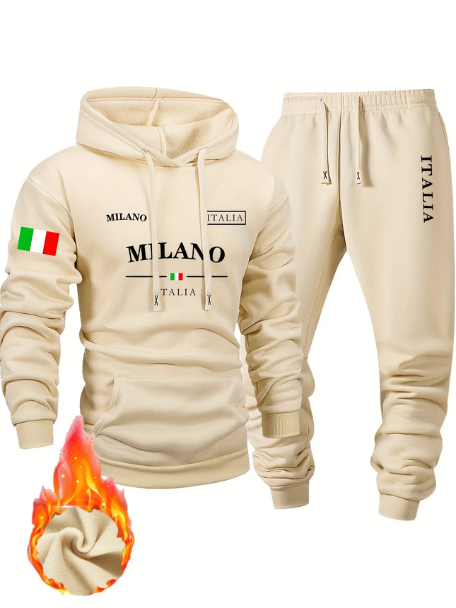 Italy pattern Men's Hoodie and Bundled pants set fleece Autumn winter two-piece set top bottom sets windproof Warm Cotton suit