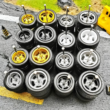 1/64 Front Small and Rear Big Wheels with Detachable Rubber Tires Circular Spoke Refitting Parts for Hotwheels Model Cars 5 Cars