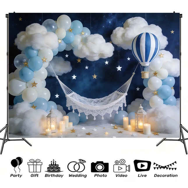 Baby 1st Birthday Decoration Backdrop Blue Color Hot Air Balloon Cloud Newborn Boy Party Baby Shower Backgrounds for Photographs