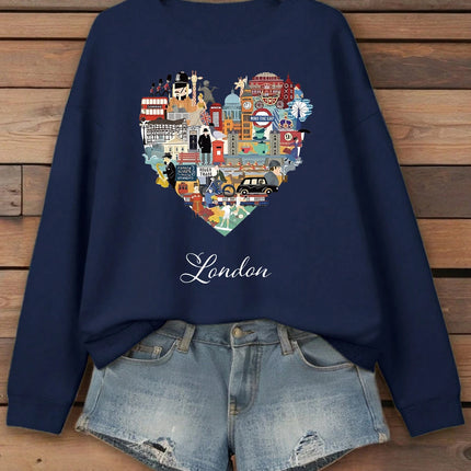 London Heart Street View Print Sweatshirt Women Fleece Hip Hop Streetwear Loose Autumn Clothes Comfortable O-Neck Pullovers