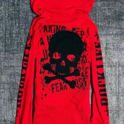Slim Fit Punk Rock Dark Harajuku Long Sleeve Hoodie Jacket Skeleton Letter Waist Cinched Open Cardigan Spicy Girl Street Style